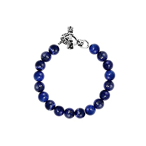 King Baby .925 Sterling Silver & Natural Stone 10mm Unisex Beaded Bracelet with Signature Crown Toggle Clasp - Blue Lapis Lazuli, 8-3/4"