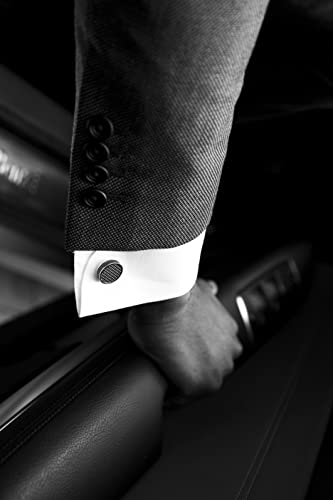 Tateossian Carbon Tablet Round Cufflinks Set in Rhodium Plated Base Metal Case