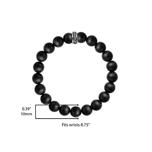 King Baby .925 Sterling Silver & 10mm Semi-Precious Stone Unisex Stretch Bracelet with Logo Rondelle Bead - Black Onyx, 7.5 Inches