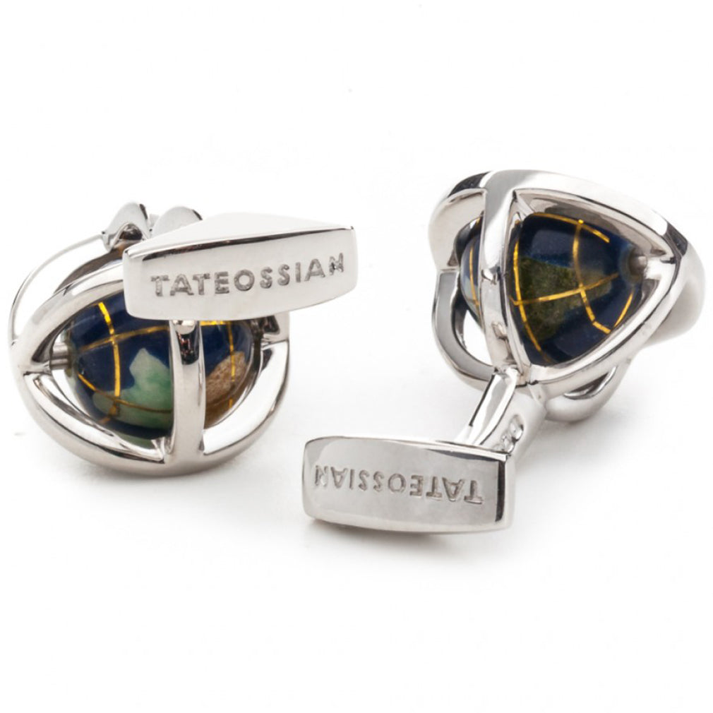 Tateossian Lapis Spinning Globe Cufflinks, Blue and Silver