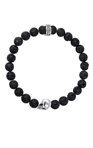 King Baby .925 Sterling Silver & 8mm Unisex Black Lava Rock Stretch Bracelet with Dimensional Skull Bead - 7.5 Inches