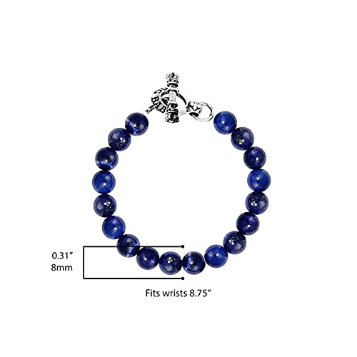 King Baby .925 Sterling Silver & Natural Stone 10mm Unisex Beaded Bracelet with Signature Crown Toggle Clasp - Blue Lapis Lazuli, 8-3/4"