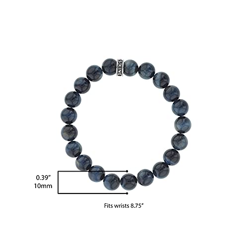 King Baby .925 Sterling Silver & 10mm Semi-Precious Stone Unisex Stretch Bracelet with Logo Rondelle Bead - Blue Tiger's Eye, 8-3/4"