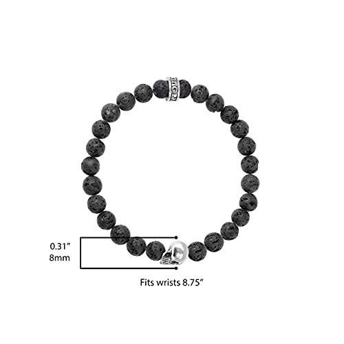 King Baby .925 Sterling Silver & 8mm Unisex Black Lava Rock Stretch Bracelet with Dimensional Skull Bead - 7.5 Inches