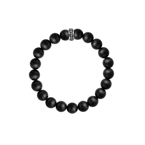 King Baby .925 Sterling Silver & 10mm Semi-Precious Stone Unisex Stretch Bracelet with Logo Rondelle Bead - Black Onyx, 7.5 Inches