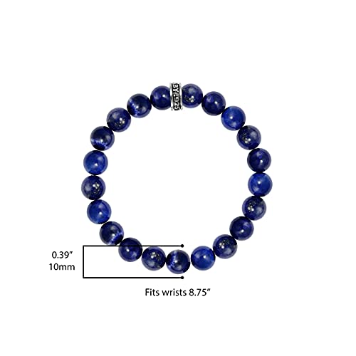 King Baby .925 Sterling Silver & 10mm Semi-Precious Stone Unisex Stretch Bracelet with Logo Rondelle Bead - Blue Lapis Lazuli, 8-3/4"