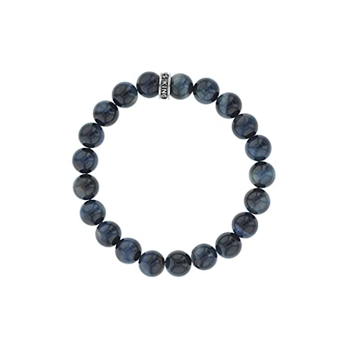 King Baby .925 Sterling Silver & 10mm Semi-Precious Stone Unisex Stretch Bracelet with Logo Rondelle Bead - Blue Tiger's Eye, 8-3/4"