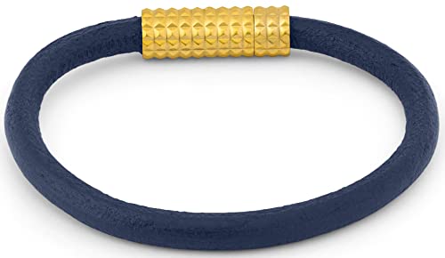 Ion plated 14k Gold Stainless Steel Blue Leather Buckle Bracelet - Cudworth