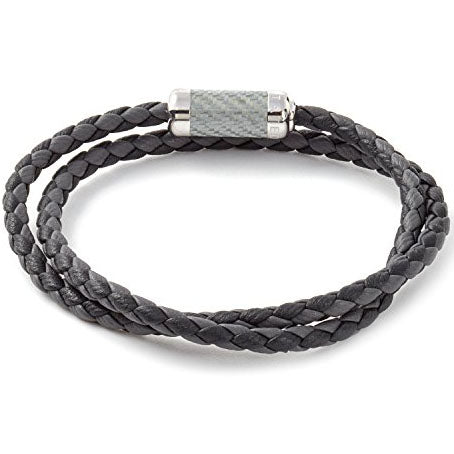 Tateossian Mens Double Wrapped Italian Leather Montecarlo Sterling Silver Clasp Bracelet, Grey