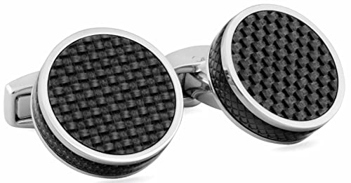 Tateossian Carbon Tablet Round Cufflinks Set in Rhodium Plated Base Metal Case