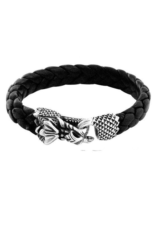 King Baby Woven Black Leather Bracelet with Sterling Silver Dragon Clasp. 8 3/4
