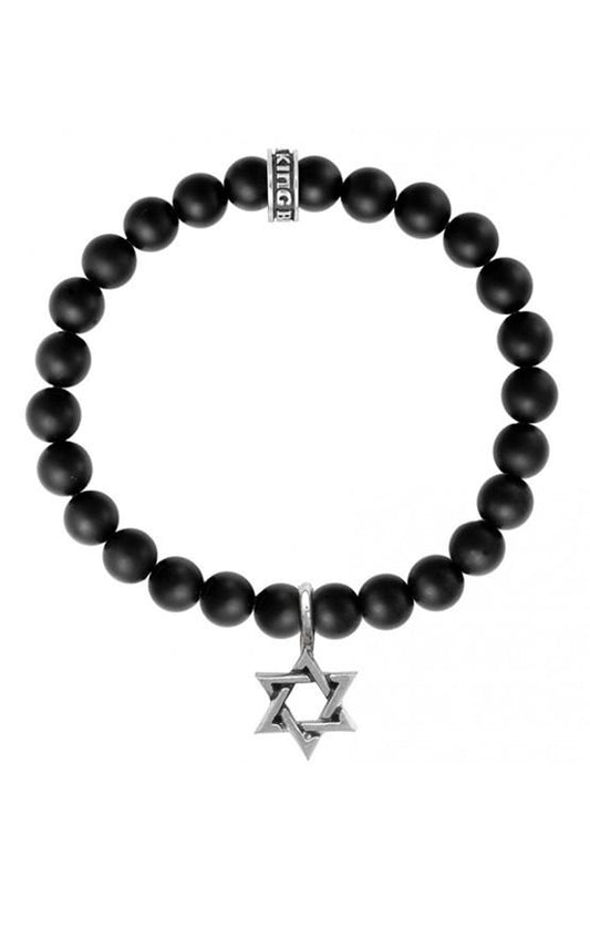 King Baby 8MM Black Onyx Beaded Bracelet with Sterling Silver Star of David, 8 3/4 Inch Length