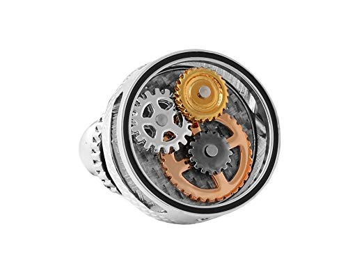 Tateossian RT Lapel Pin with Rhodium Case and Carbon Fiber and Round Gears