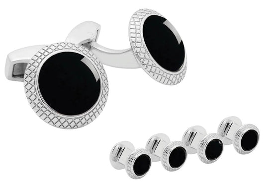 Tateossian Rhodium plated Bullseye Cufflinks and Studs Set with Onyx