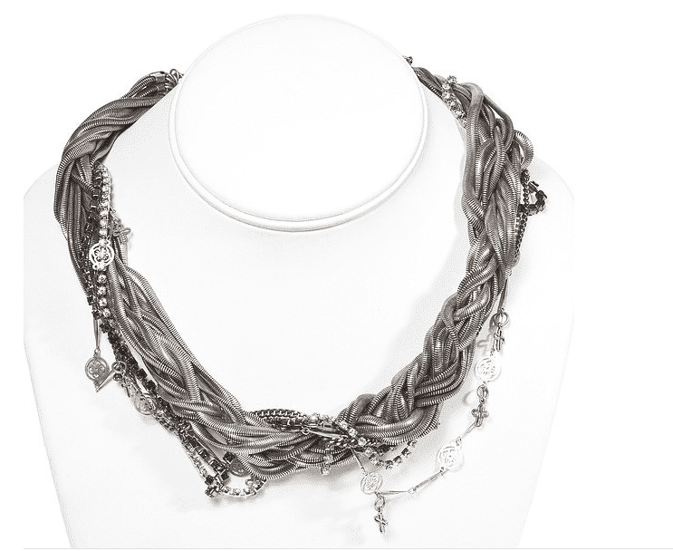 Multi chain necklace made with silver and black ematite crystals,