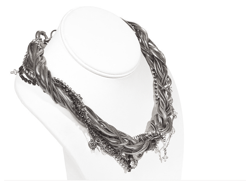 Multi chain necklace made with silver and black ematite crystals,