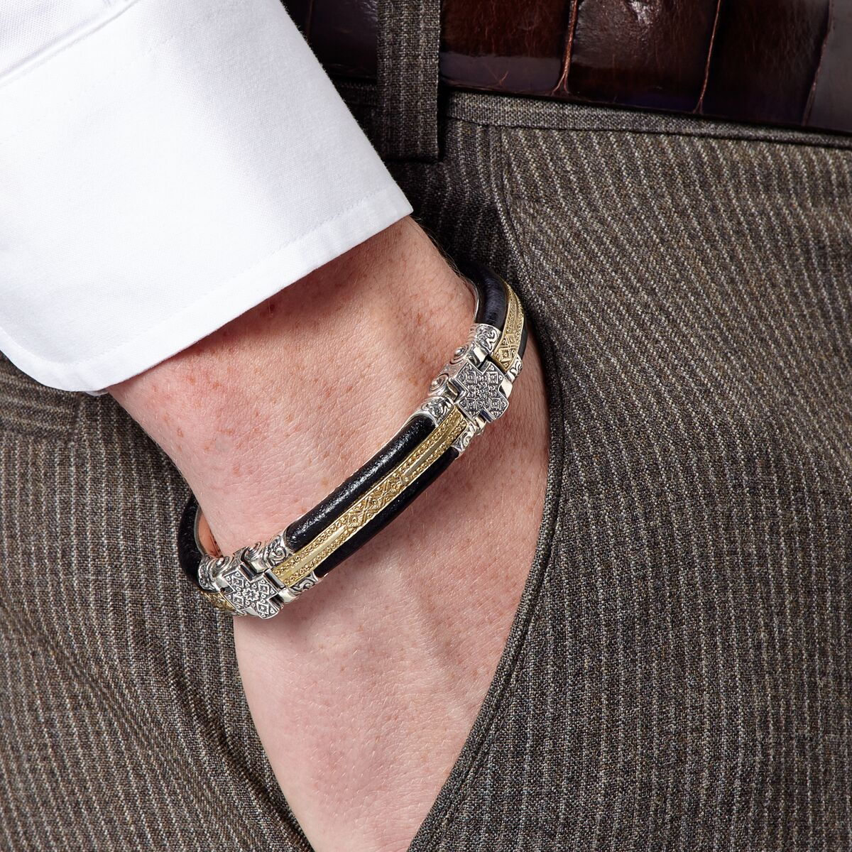 Konstantino Men's Sterling Silver, Leather & Bronze Bracelet
