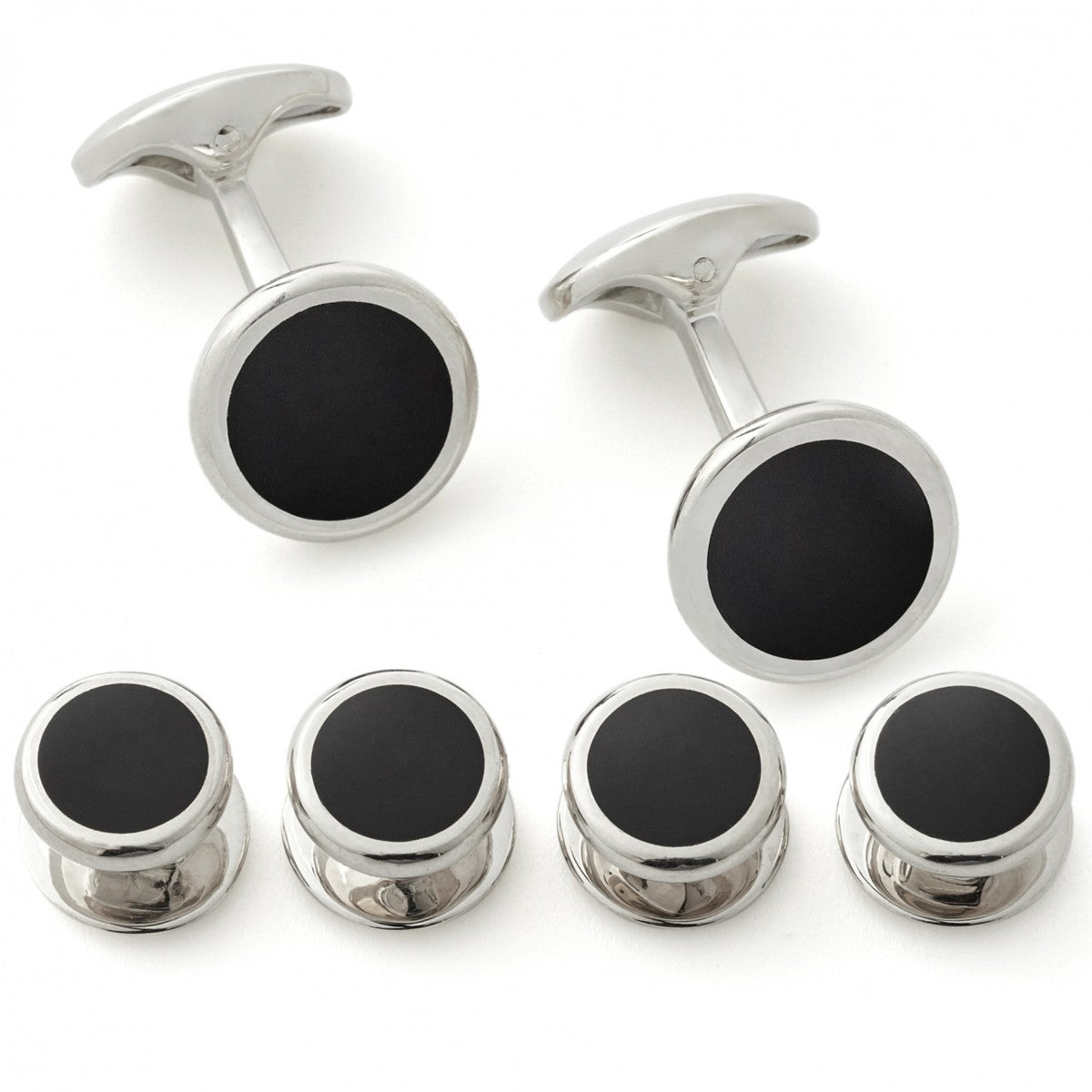 Deakin and Francis Round Black Cufflinks and Studs Set, Sterling Silver and Black Onyx