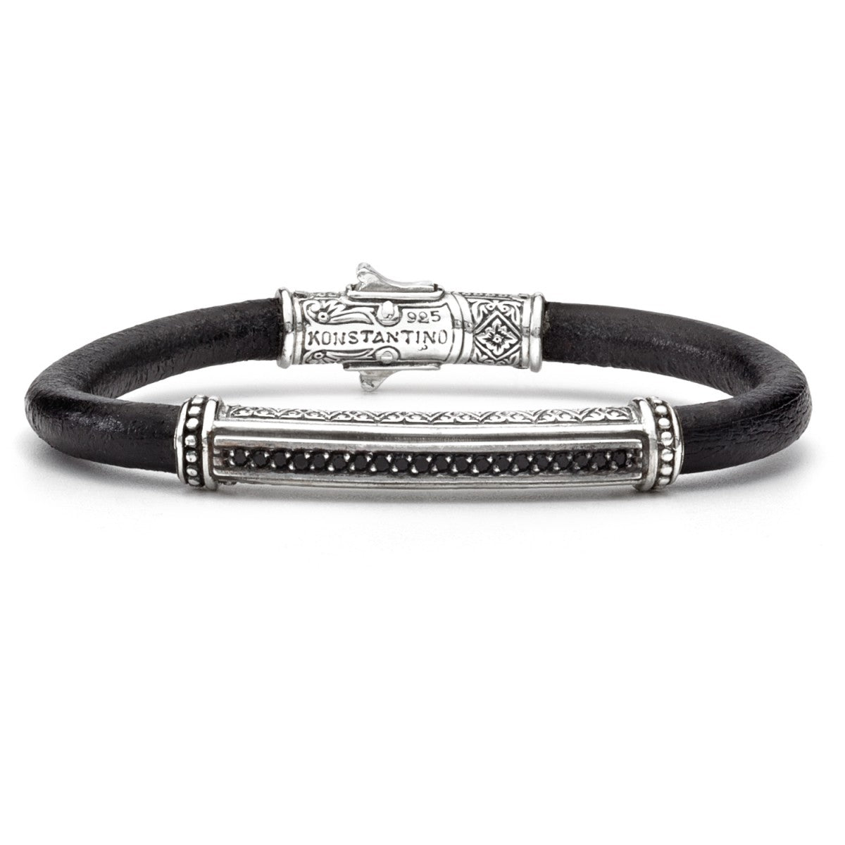 Konstantino Men's Sterling Silver Black Spinel Leather Bracelet