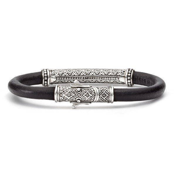 Konstantino Men's Sterling Silver Black Spinel Leather Bracelet