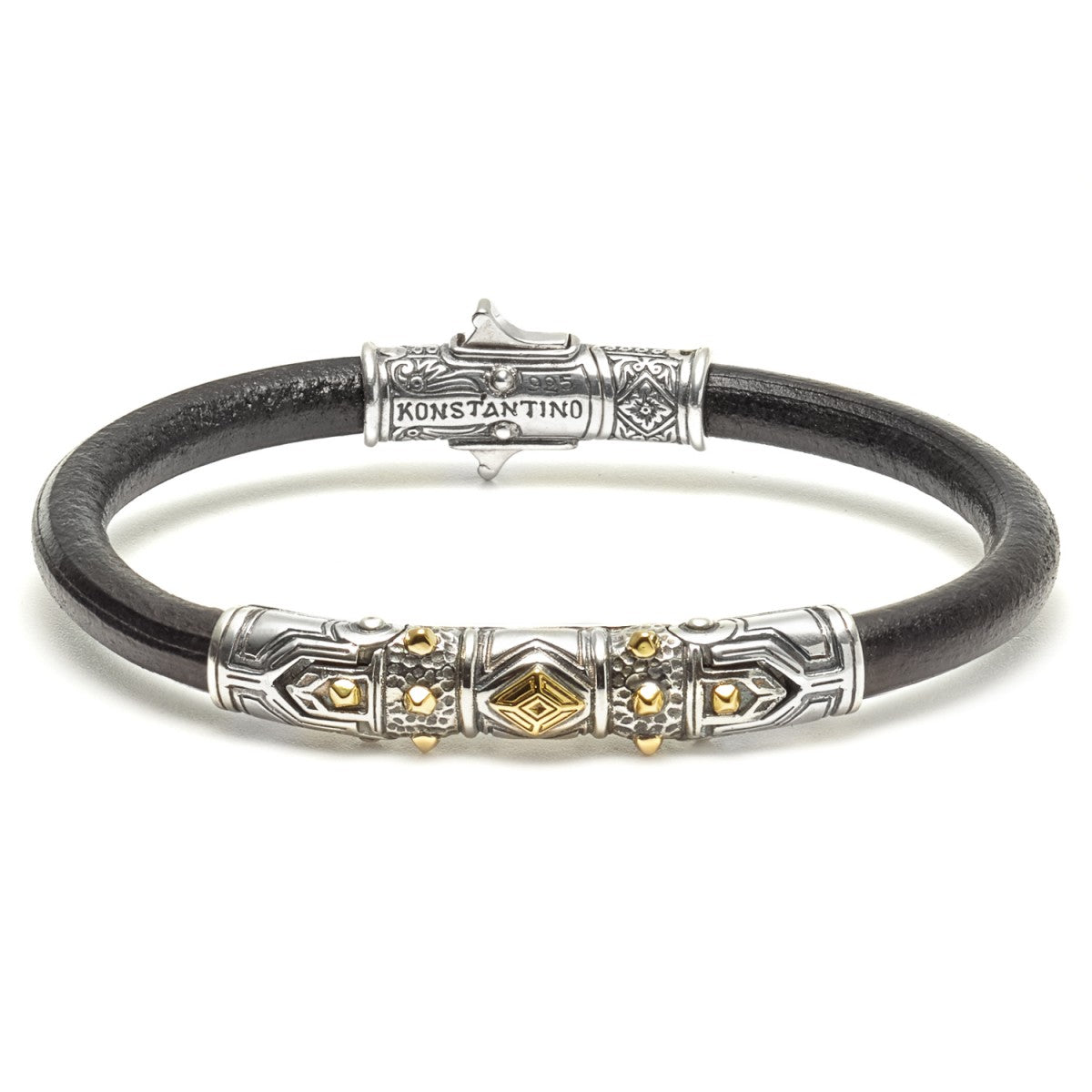 Konstantino Men's Hephaestus Collection Sterling Silver and Gold Leather Bracelet