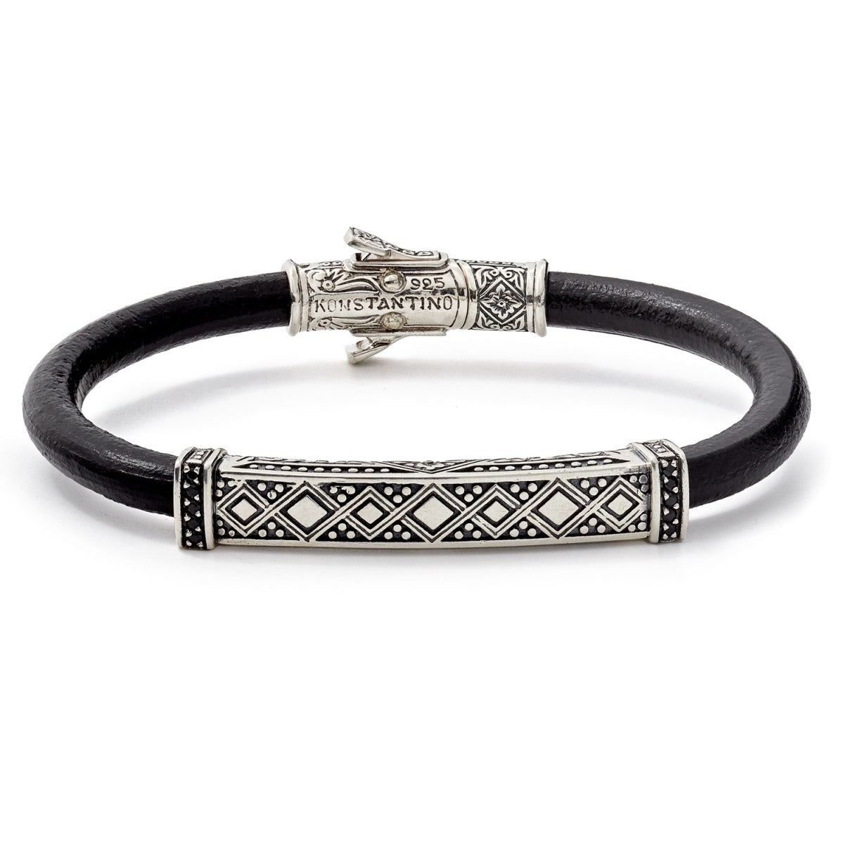 Konstantino Men's Black Leather Bracelet With Sterling Silver and Black Spinel Stone Accents, 8 Inch