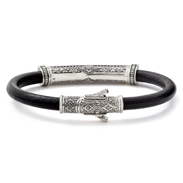 Konstantino Men's Black Leather Bracelet With Sterling Silver and Black Spinel Stone Accents, 8 Inch
