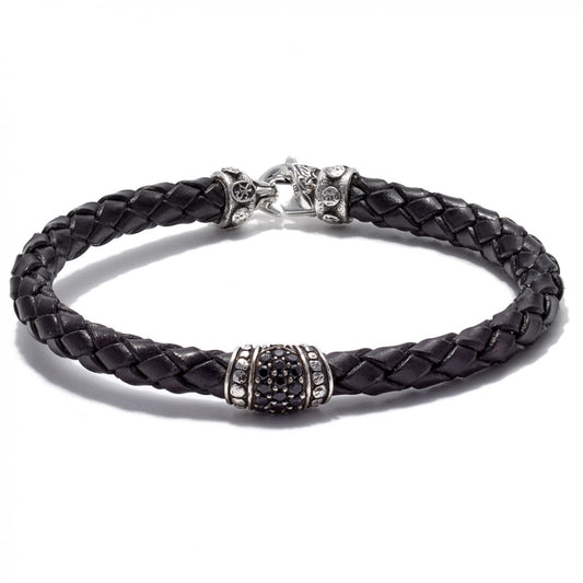 Scott Kay Sparta Collection Black Leather Bracelet, Pave Station Sterling Silver with Black Sapphire 6mm, size 8.5 inches