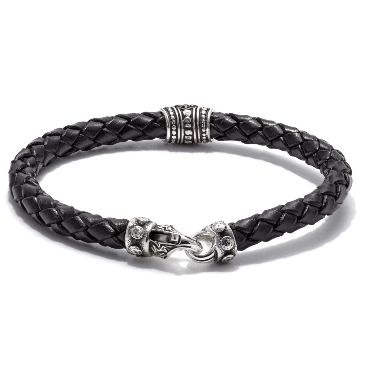 Scott Kay Sparta Collection Black Leather Bracelet, Pave Station Sterling Silver with Black Sapphire 6mm, size 8.5 inches