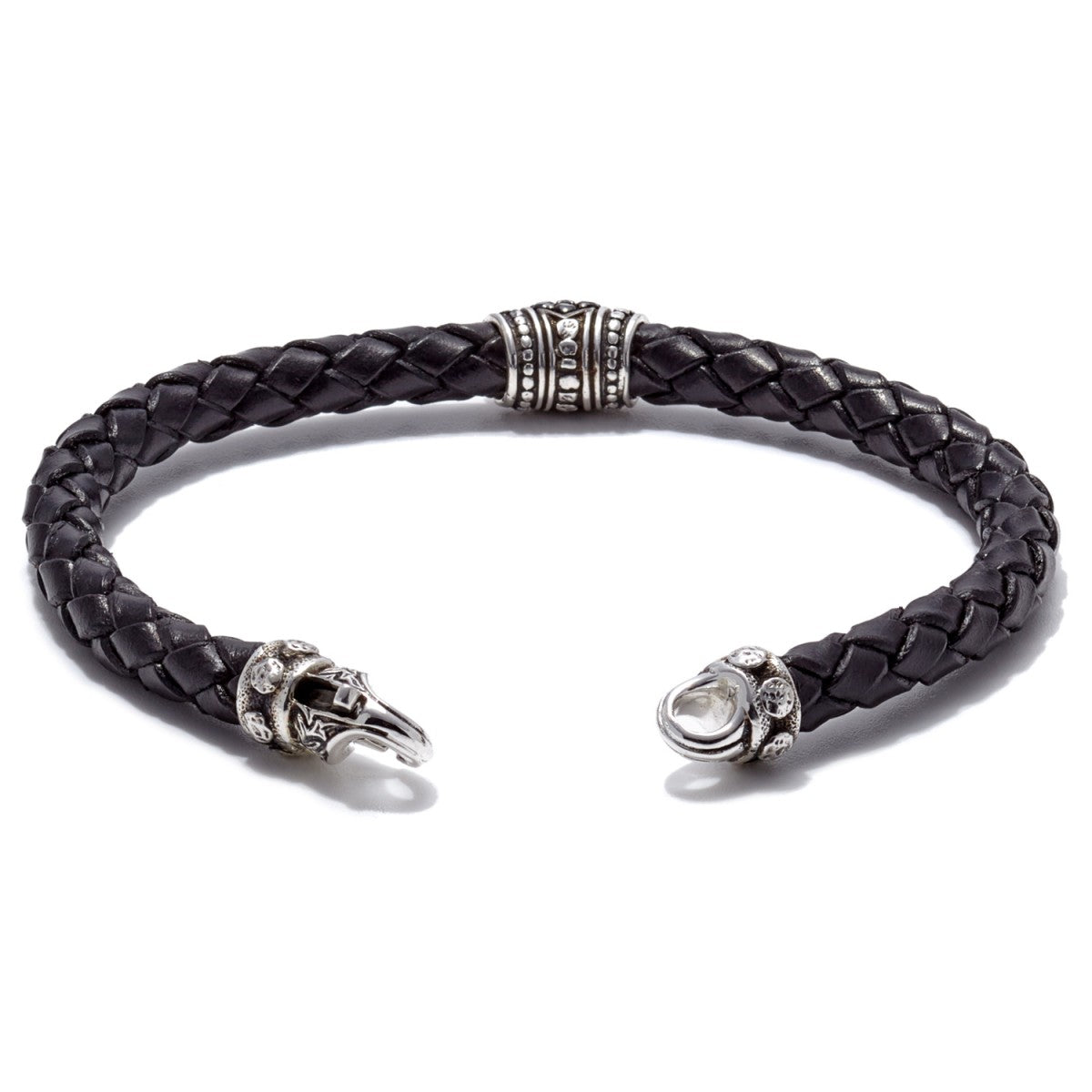 Scott Kay Sparta Collection Black Leather Bracelet, Pave Station Sterling Silver with Black Sapphire 6mm, size 8.5 inches