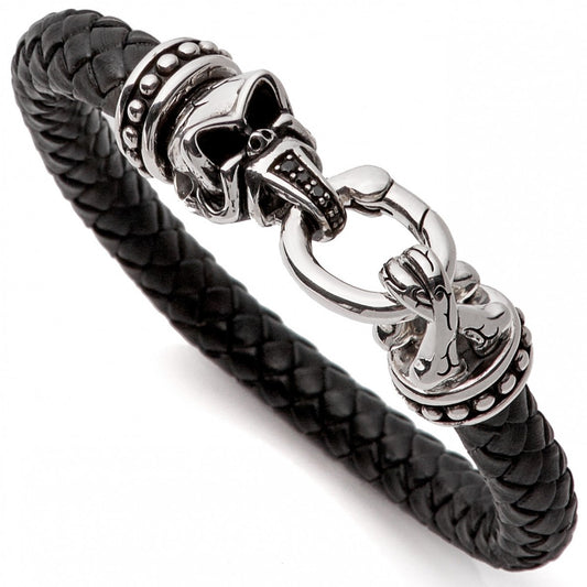Scott Kay Men's Braided Bracelet Leather with Sterling Silver Skull Clasp, Black, 8.5 IN
