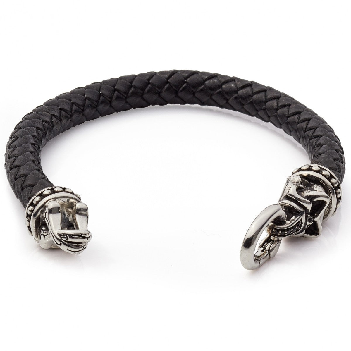 Scott Kay Men's Braided Bracelet Leather with Sterling Silver Skull Clasp, Black, 8.5 IN