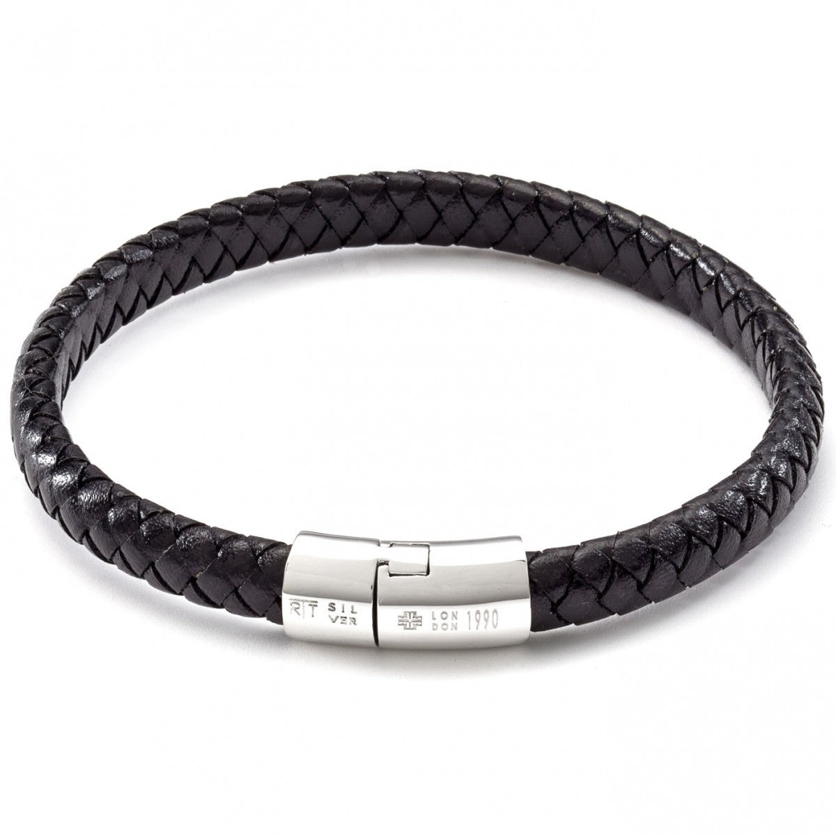 Tateossian Men's Leather Cobra Weave Bracelet with Sterling Silver Clasp, Black