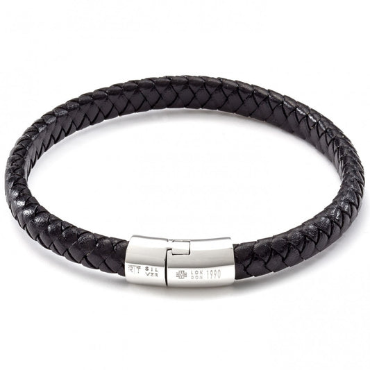 Tateossian Men's Leather Cobra Weave Bracelet with Sterling Silver Clasp, Black