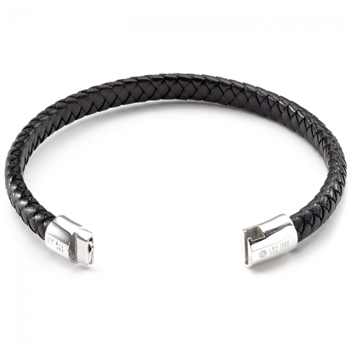 Tateossian Men's Leather Cobra Weave Bracelet with Sterling Silver Clasp, Black