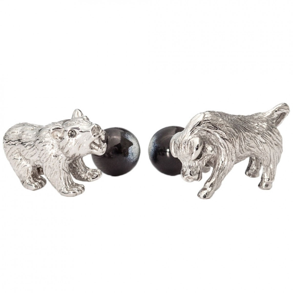 Tateossian Men's Rhodium Fibre Optic Glass Bull and Bear Cufflinks, Silver and Black