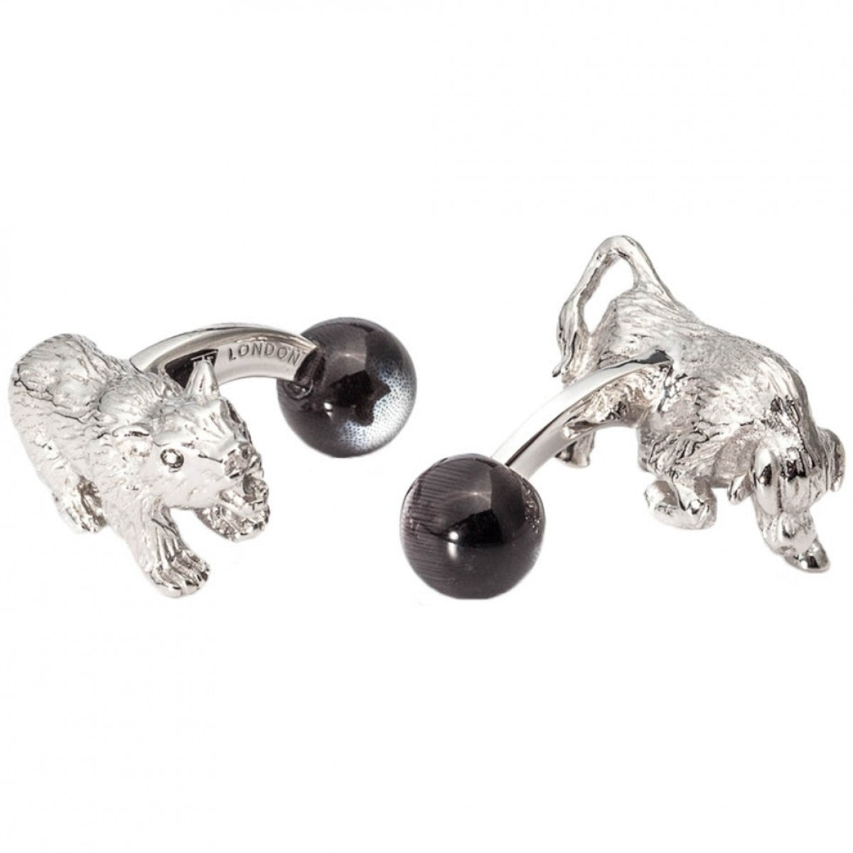 Tateossian Men's Rhodium Fibre Optic Glass Bull and Bear Cufflinks, Silver and Black