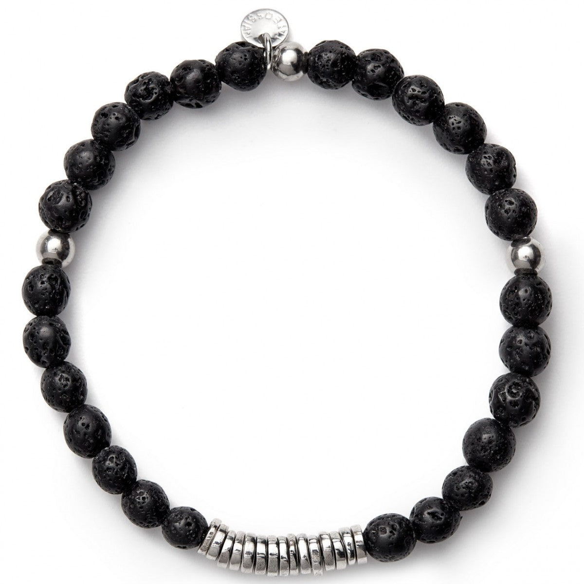 Tateossian Men's Disc Round Black Lava Beaded Bracelet with Silver Spacer Discs