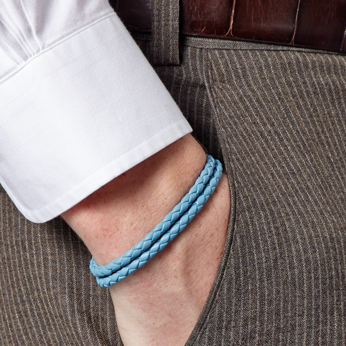 Tateossian Men's Double Wrap Slim Scoubidou Light Blue Bracelet – Upscaleman