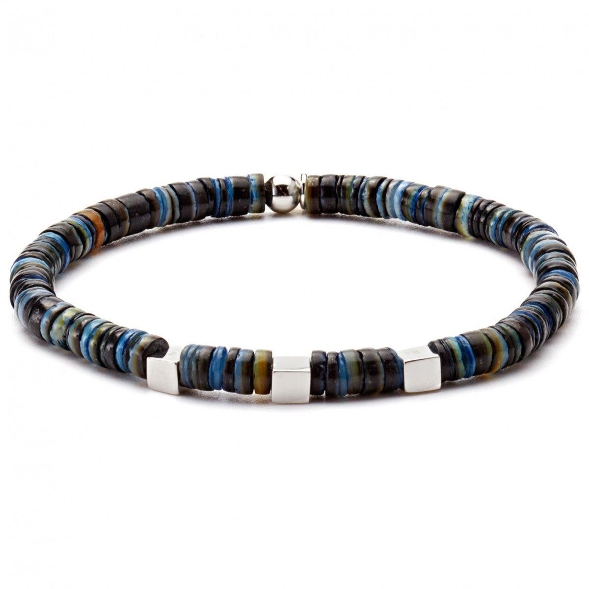 Tateossian Thinly Sliced Shells with Rhodium Plated Silver Cubes Bracelet, Blue, Black and Brown