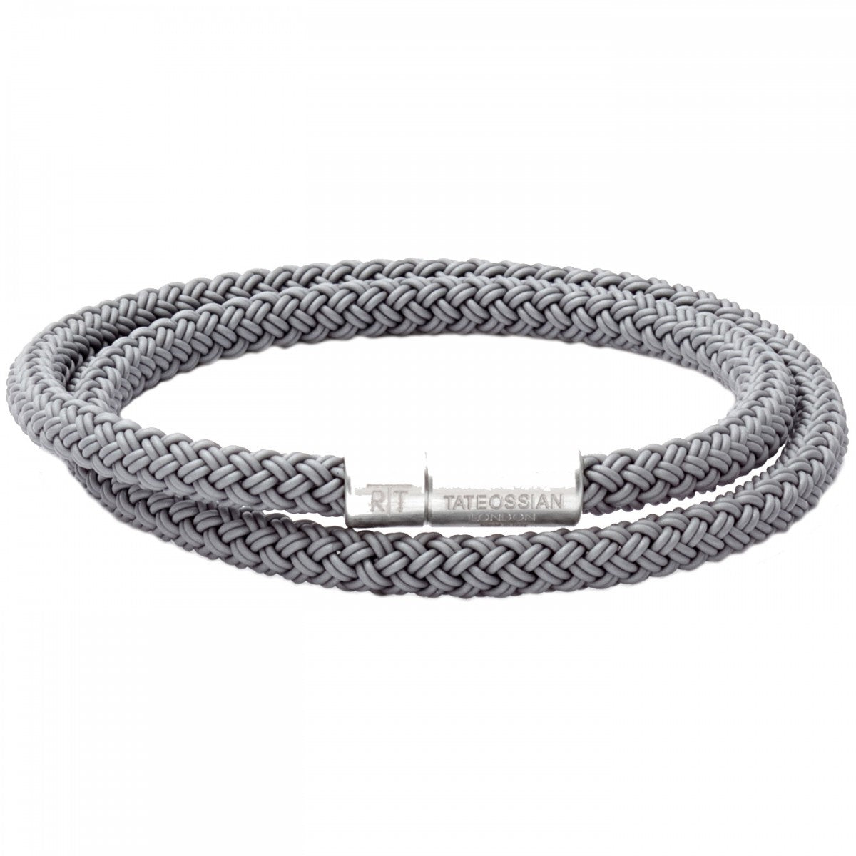 Tateossian RT Silver Braided Bracelet, Rubber Cable, Anodized Aluminum Clasp, Double Wrap