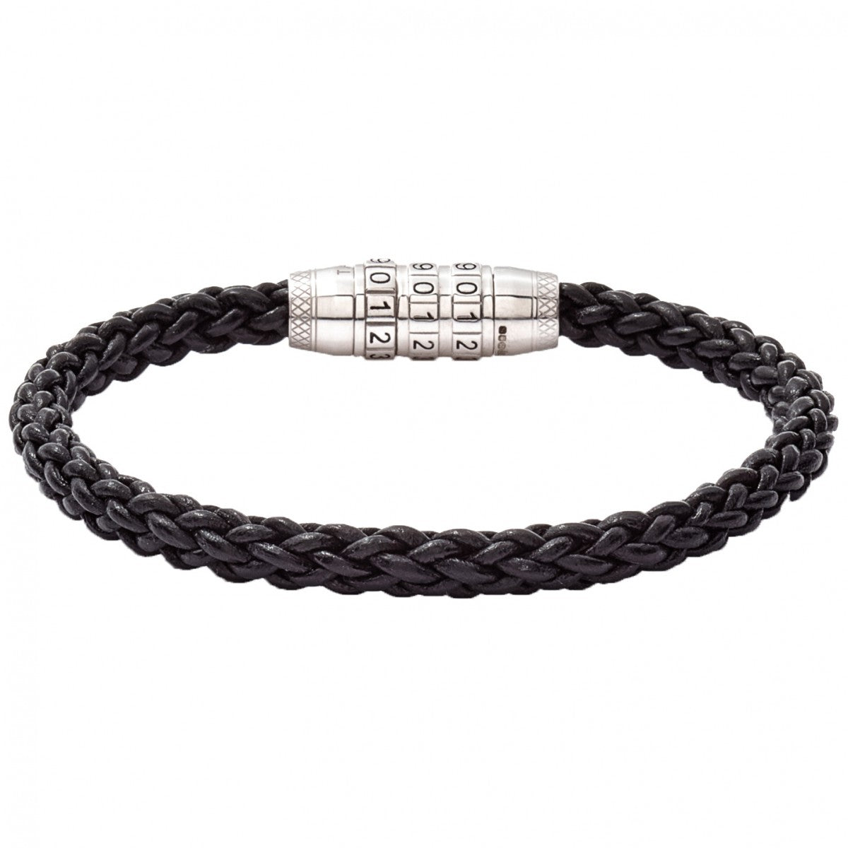 Tateossian Sterling Silver and Black Leather Good Luck Bracelet with 777 Combination Lock