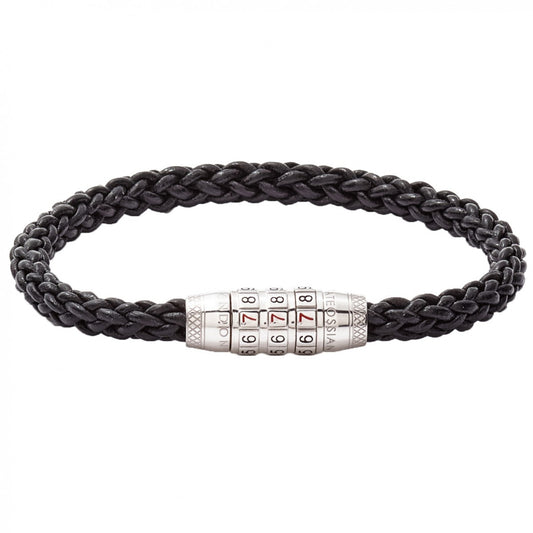 Tateossian Sterling Silver and Black Leather Good Luck Bracelet with 777 Combination Lock