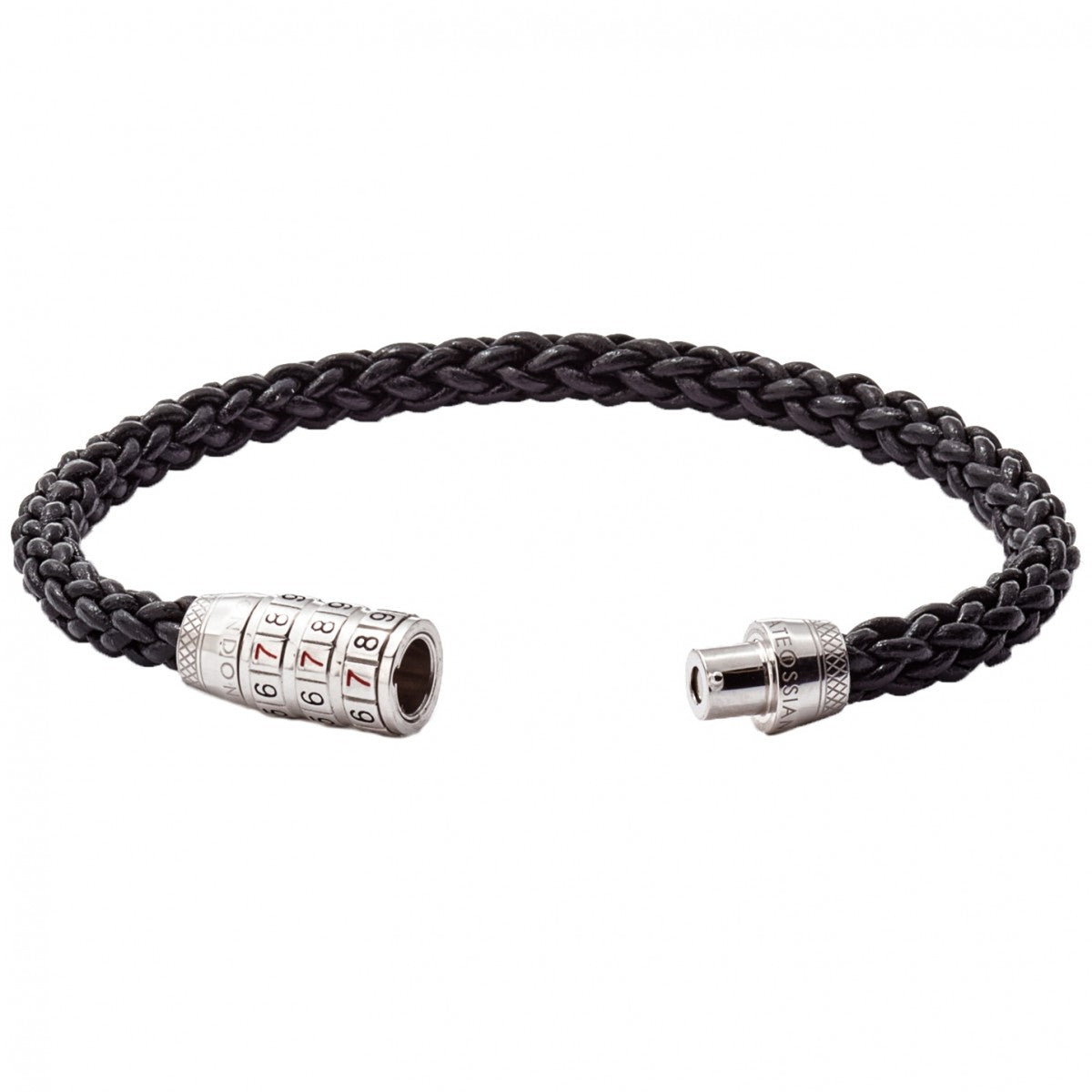 Tateossian Sterling Silver and Black Leather Good Luck Bracelet with 777 Combination Lock