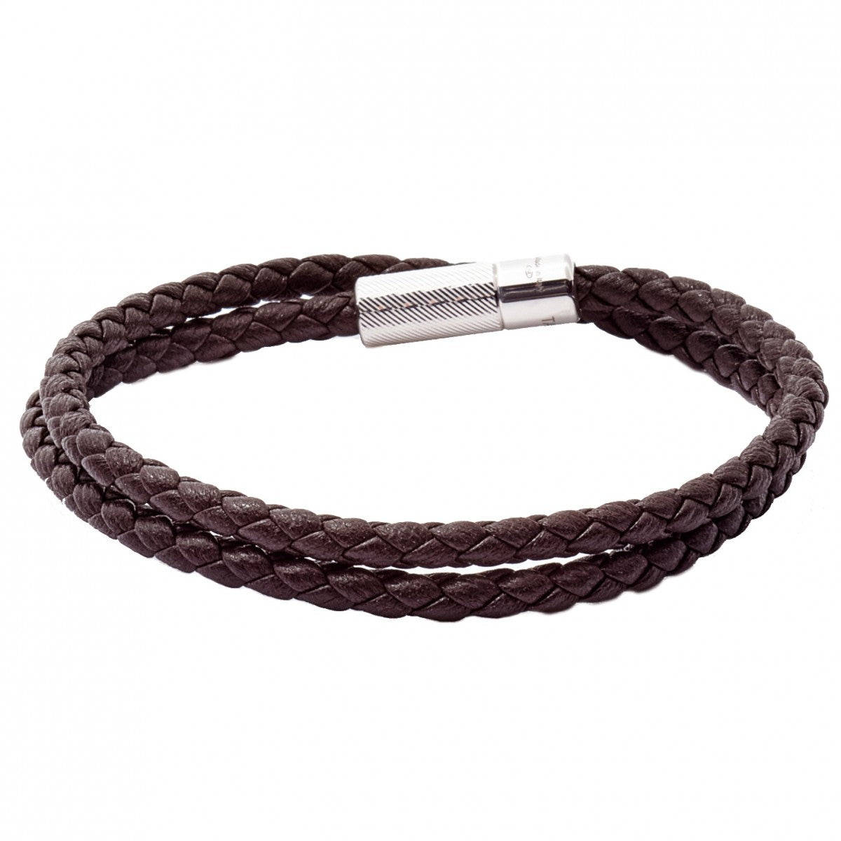 Tateossian POP Rigato Double Woven Leather Bracelet, Sterling Silver Cylindrical Pop Tube Clasp, Dark Brown