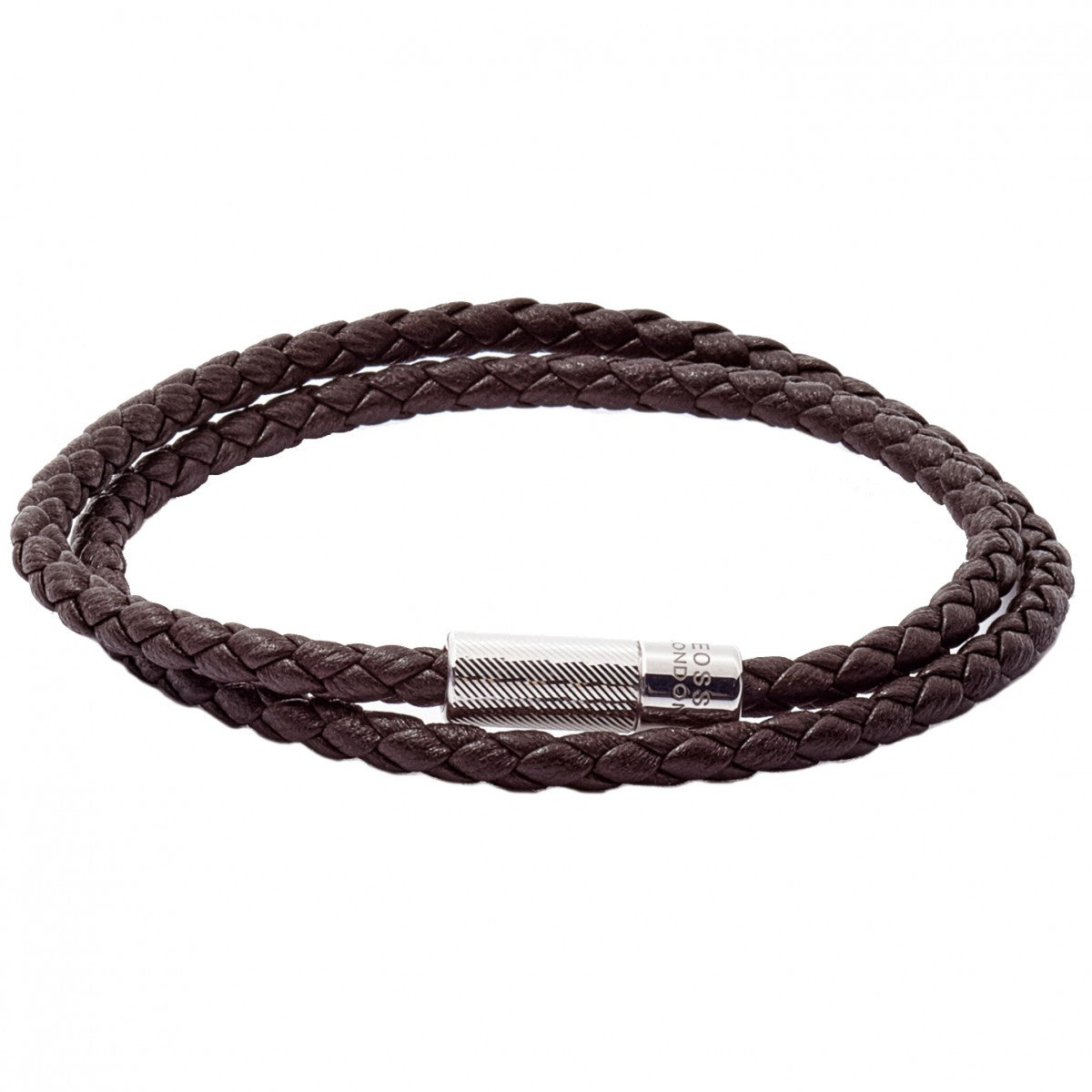 Tateossian POP Rigato Double Woven Leather Bracelet, Sterling Silver Cylindrical Pop Tube Clasp, Dark Brown