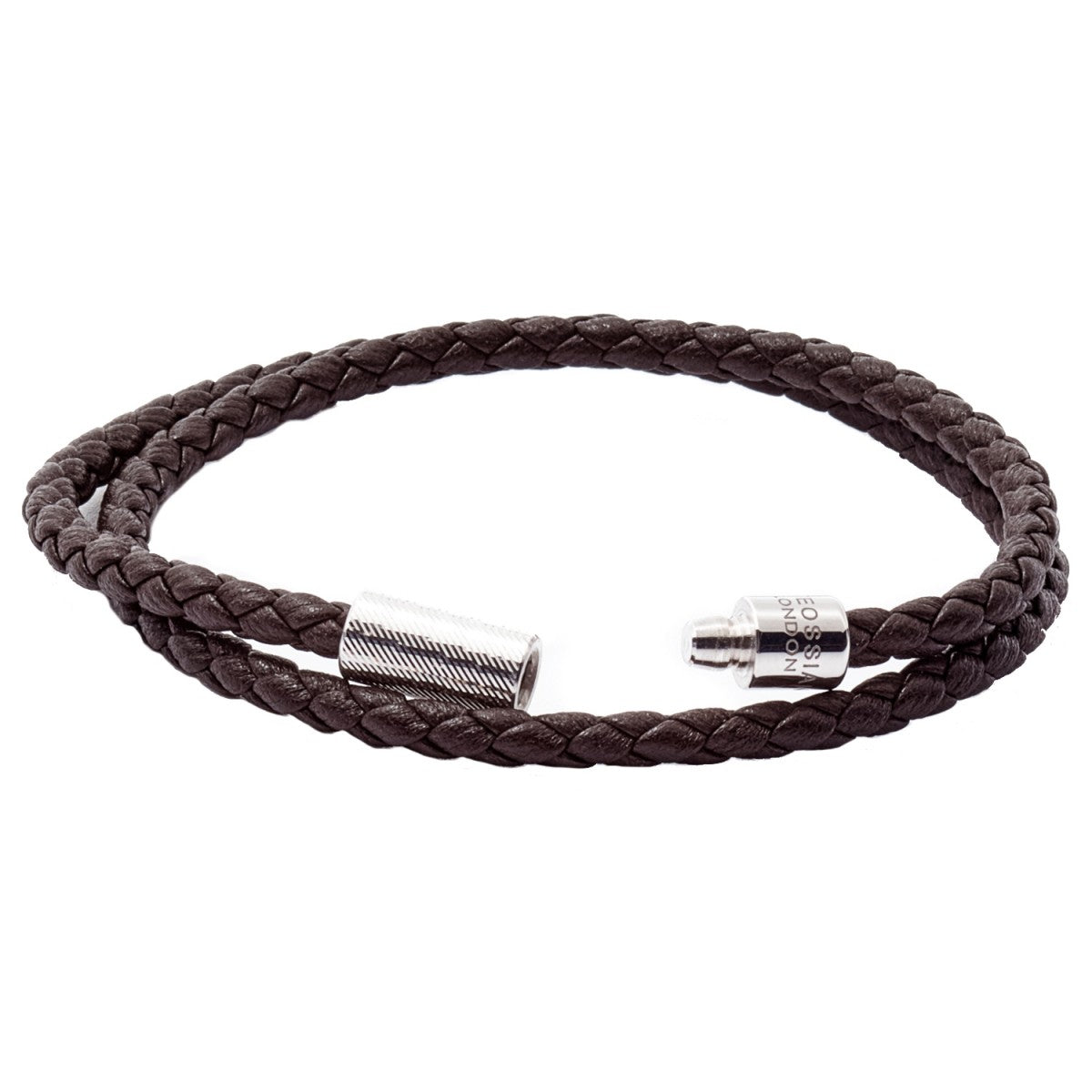 Tateossian POP Rigato Double Woven Leather Bracelet, Sterling Silver Cylindrical Pop Tube Clasp, Dark Brown