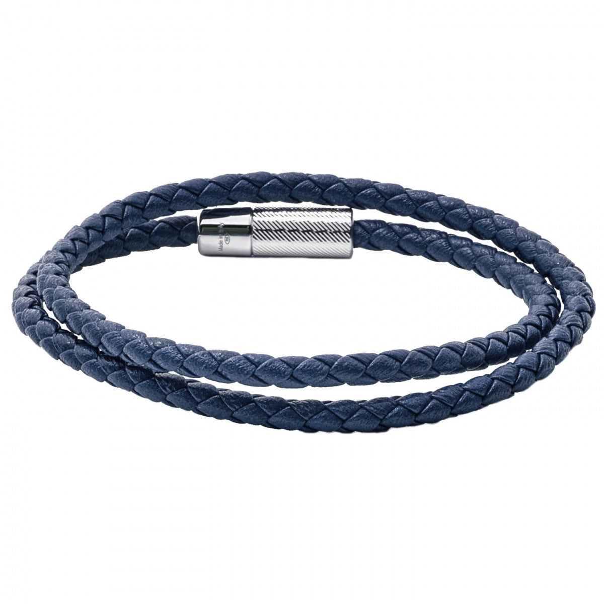 Tateossian POP Rigato Braided Leather Wrap Bracelet with Sterling Silver Cylindrical Pop Tube Clasp, Navy