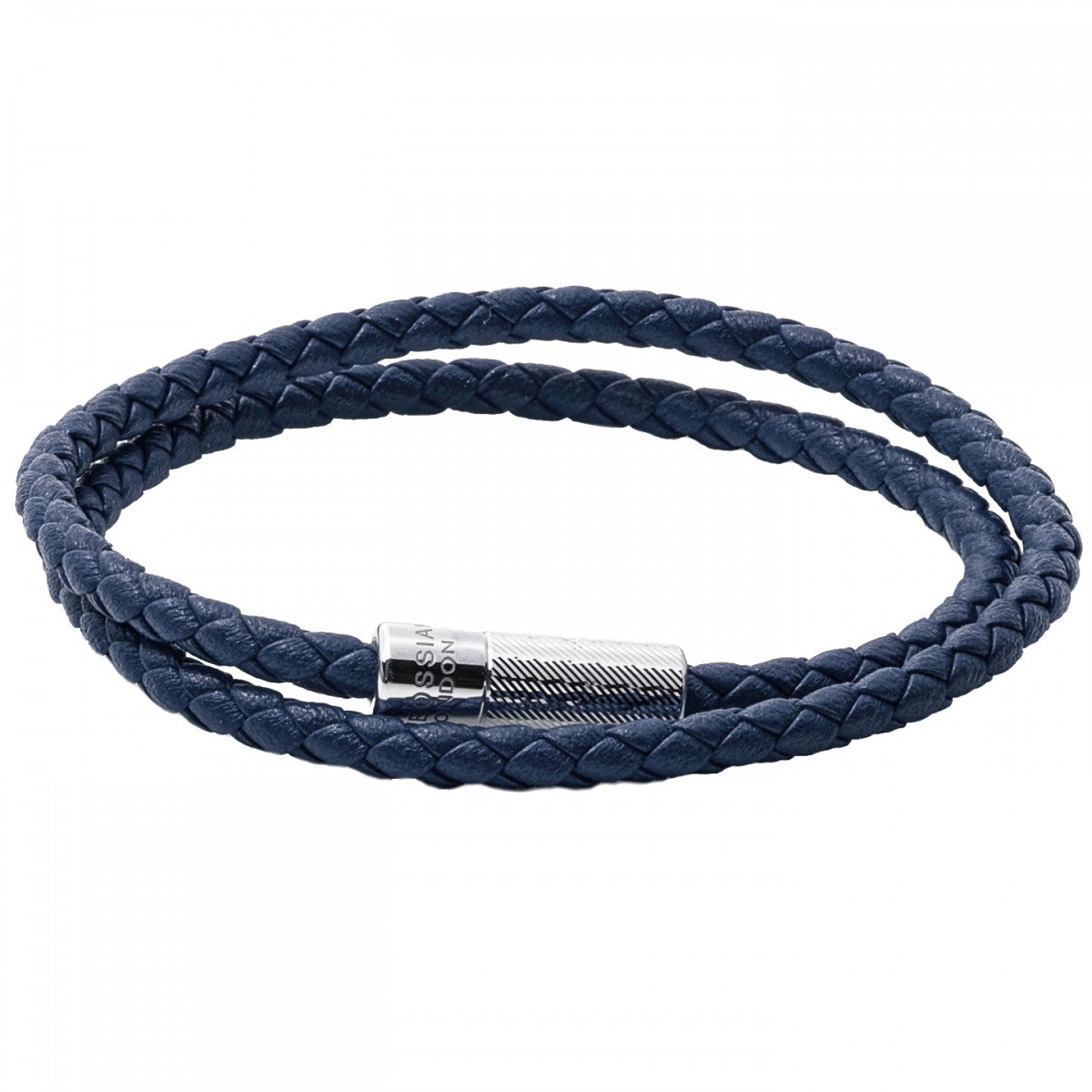 Tateossian POP Rigato Braided Leather Wrap Bracelet with Sterling Silver Cylindrical Pop Tube Clasp, Navy