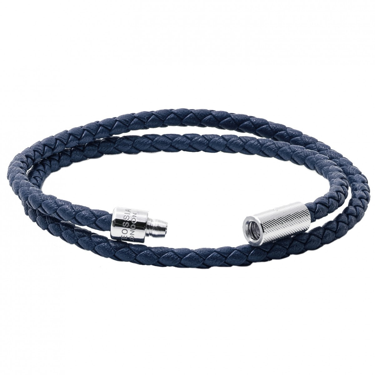 Tateossian POP Rigato Braided Leather Wrap Bracelet with Sterling Silver Cylindrical Pop Tube Clasp, Navy